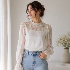 On Twelfth White Lace Romantic Sheer Sleeve Blouse Sz S